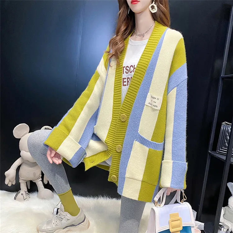 Women's loose fit striped colour stitching knitted cardigan sweater coat in green pink
