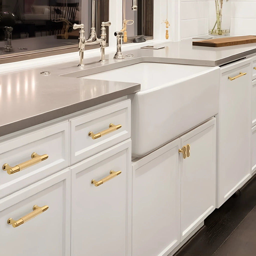 Brushed brass aluminium cabinet handle with four hole spacing options