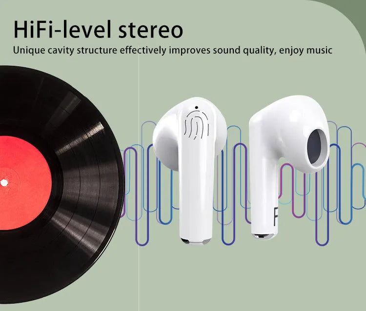 White wireless Bluetooth semi-in-ear earphones and charging case on a table.