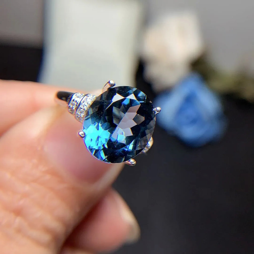 London blue topaz ring, 925 silver inlaid, 10/12mm crown-shaped dark blue stone, adjustable opening, plated finish
