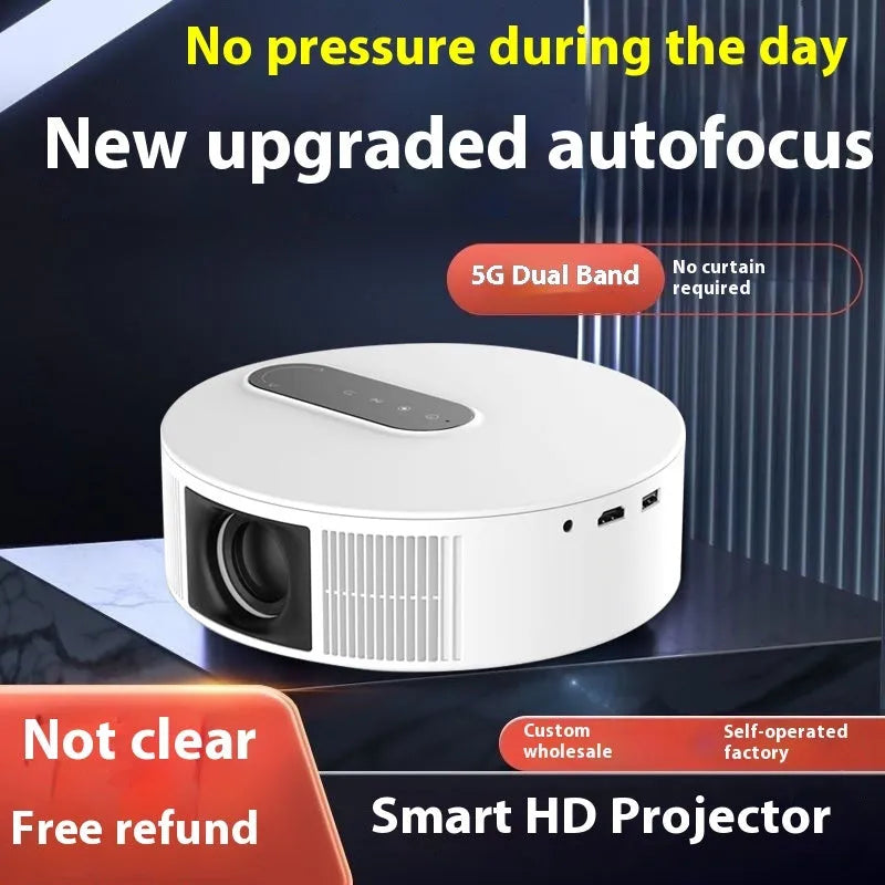 White HD projector with remote control on stand showing 720p resolution display