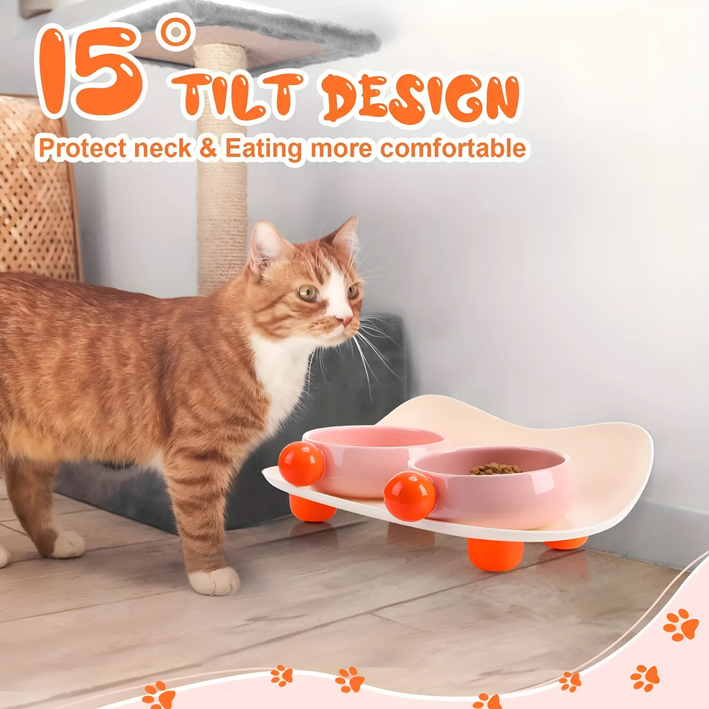 Raised ceramic pet feeding bowl set with two bowls in pink yellow colour on a non-slip base.