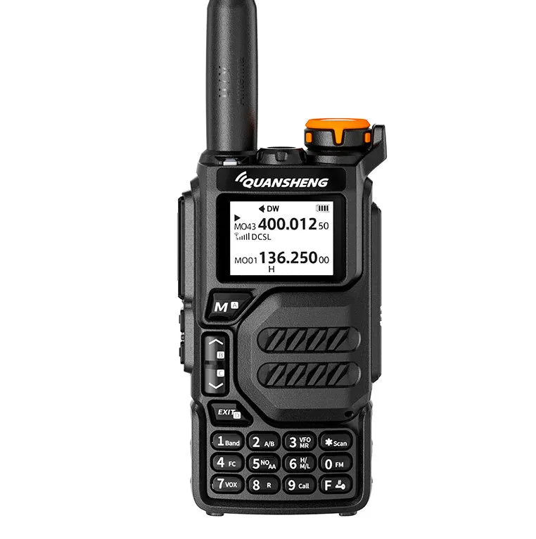 Black multi-band walkie-talkie pair with 5W power, 1600mAh lithium battery, charger, manual, and lanyard.