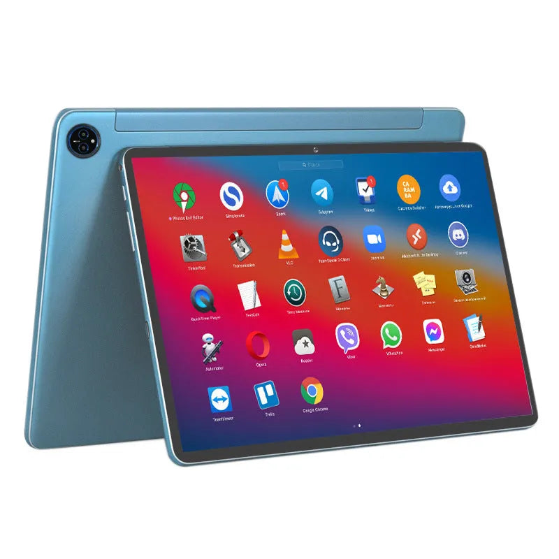 10-inch bare metal blue tablet PC with a black leather keyboard case attached, shown on a desk.