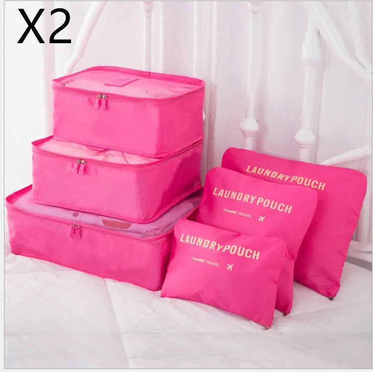 6 PCS travel storage bag set in polyester with handbag shape, multiple colour options for clothes and cosmetic organisation