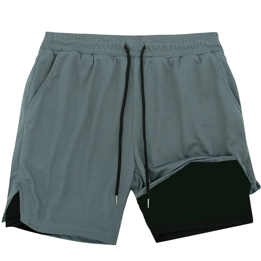 Men's camouflage pattern double-layer sports shorts in quick-dry fabric on a plain background.