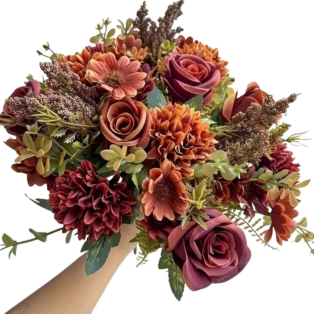 Autumn hydrangea bridal bouquet in silk flower with rose dried flower look, available in brown pink white Champagne