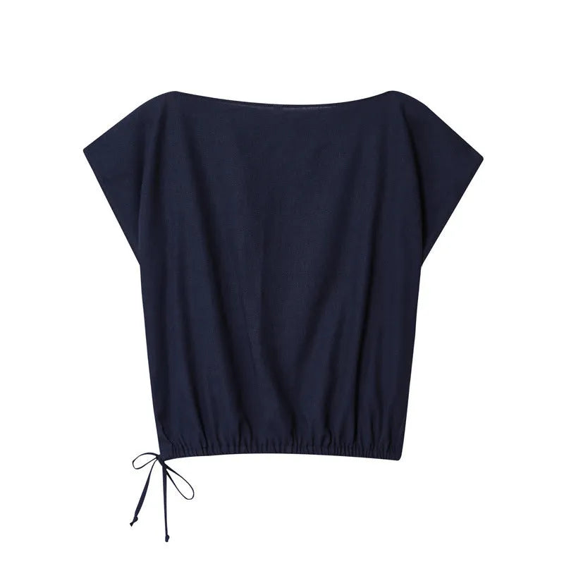 Women's linen-look polyester blend suit set with flounced sleeve shirt and wide leg trousers.