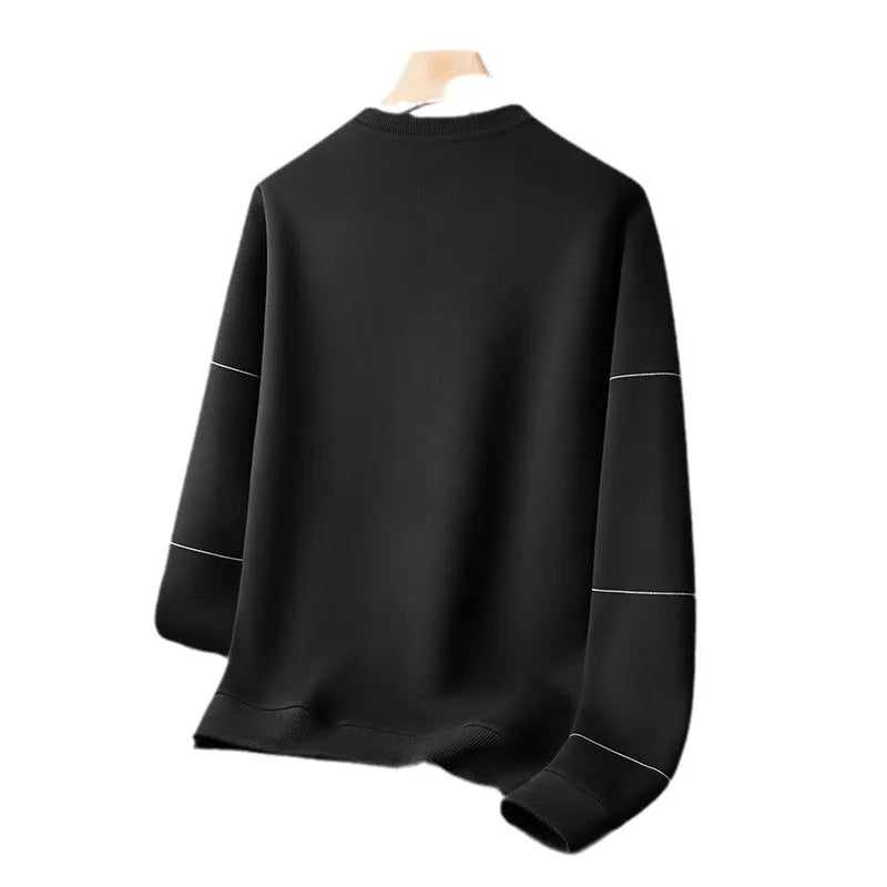 Men's loose round neck striped pullover sweatshirt in cotton with 3D patch pocket