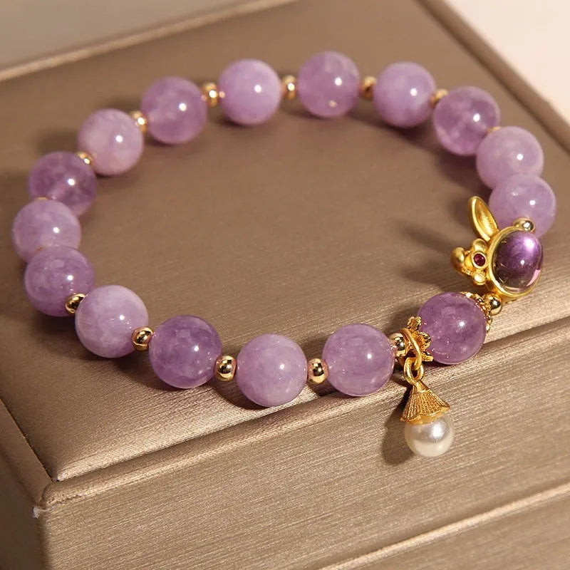 Mori style crystal bracelet with purplish red jade hare head design