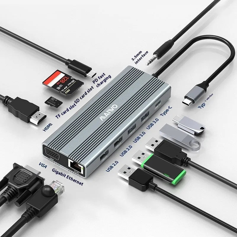 Aluminium Steam Deck docking station with six ports including HDMI, Ethernet, and USB, shown with a 15cm cable