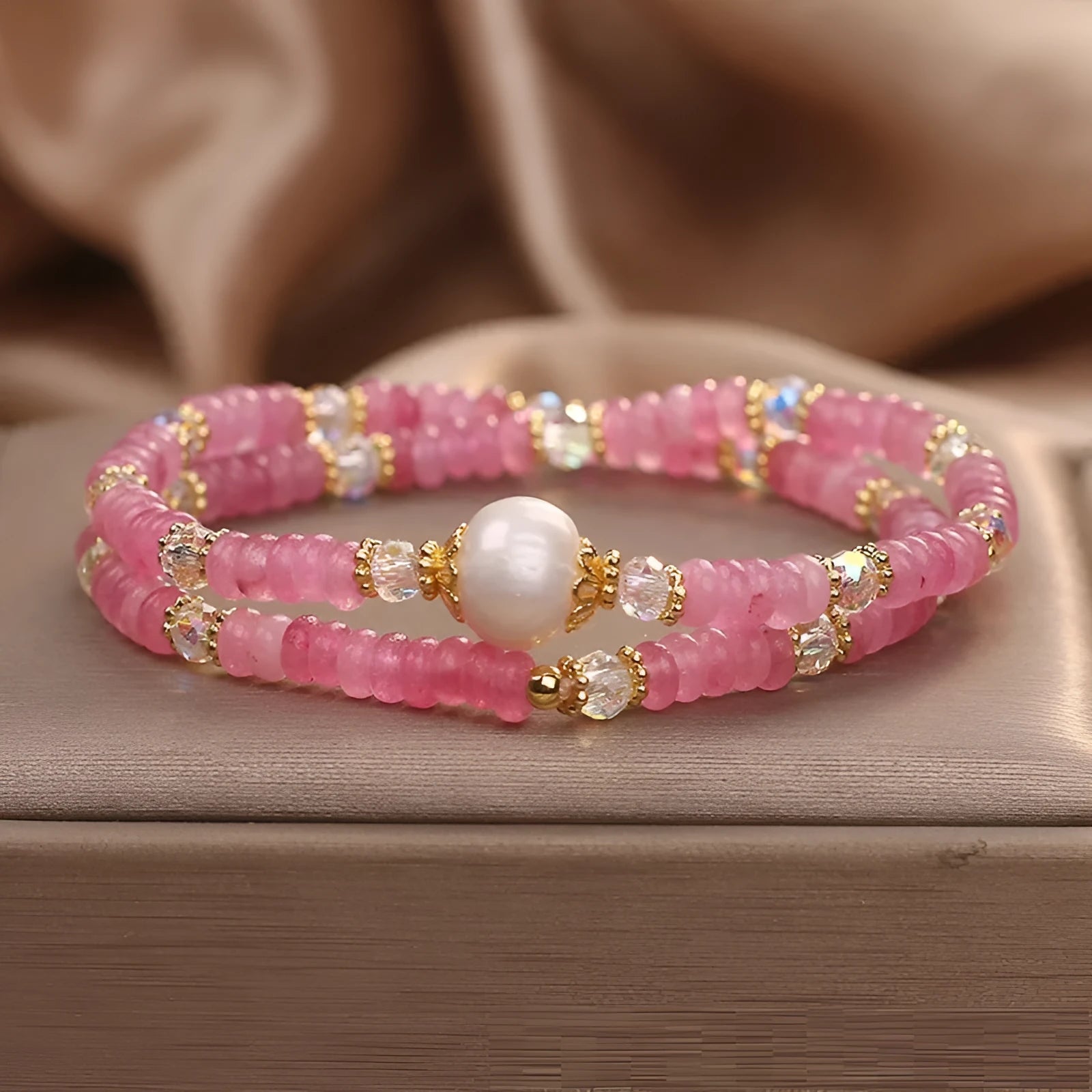 Rose red glass crystal freshwater pearl necklace bracelet set for women original design