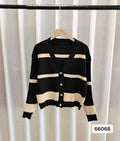 Women's striped knitted cardigan with 3D pattern, V-neck and button-up front in multiple colour options