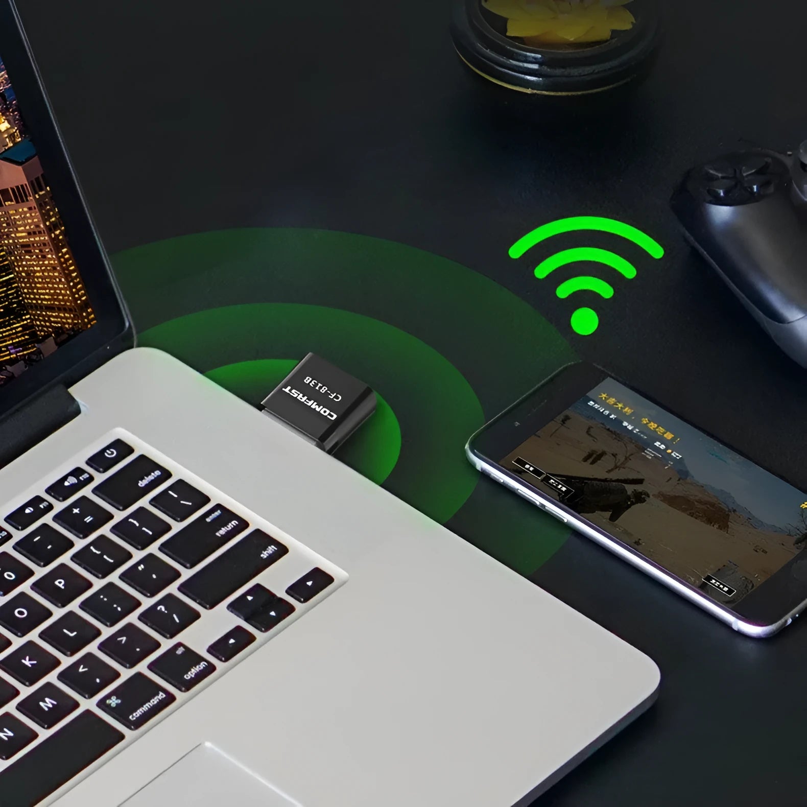 Black two-in-one USB network card with Bluetooth adapter showing nickel-plated wolf tooth connector