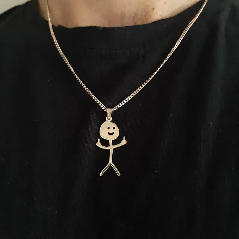 Silver stainless steel stick figure pendant necklace middle finger gesture smiley face on link chain