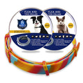 Rainbow-coloured plastic flea and anti-lice repellent collar for pets, showing cat and dog boxed versions.