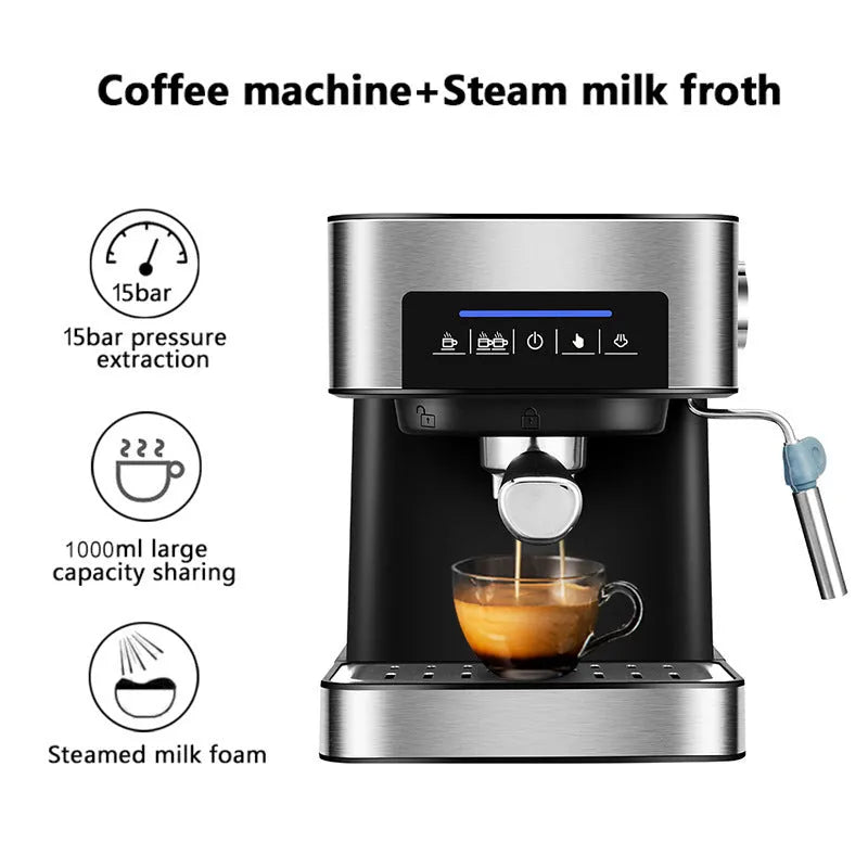 Home Smart Home espresso machine in black with steam milk frother, 1.6L tank, touch buttons, EU plug