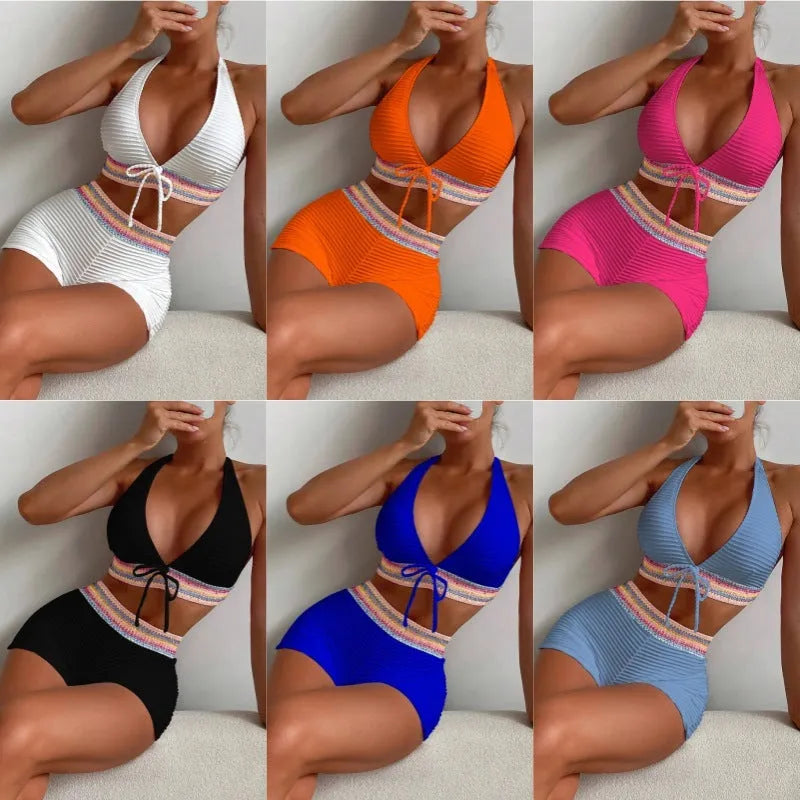 Women's high waist split leg bikini swimsuit in coral colour.