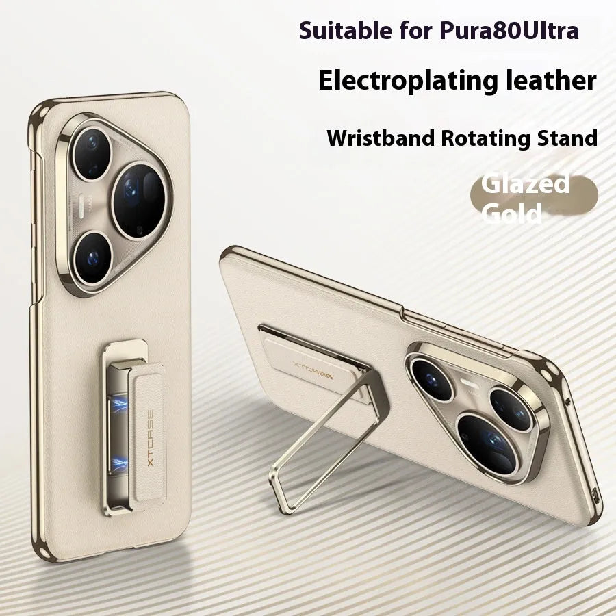 Huawei Pura80Ultra imitation leather phone case with gold wrist strap and rotating bracket in bright gold, master red, and black colour options
