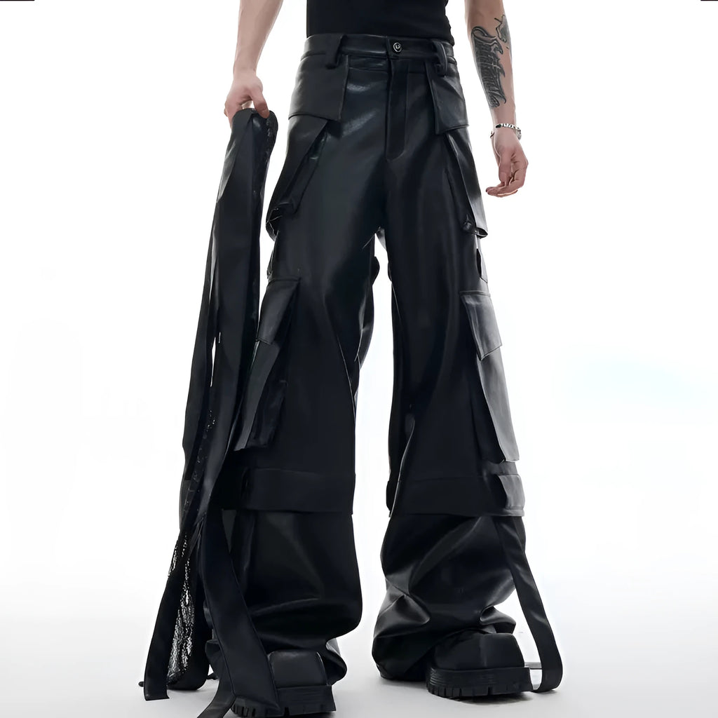 Black retro multi-pocket pants with quilted stitching detail and loose fit design