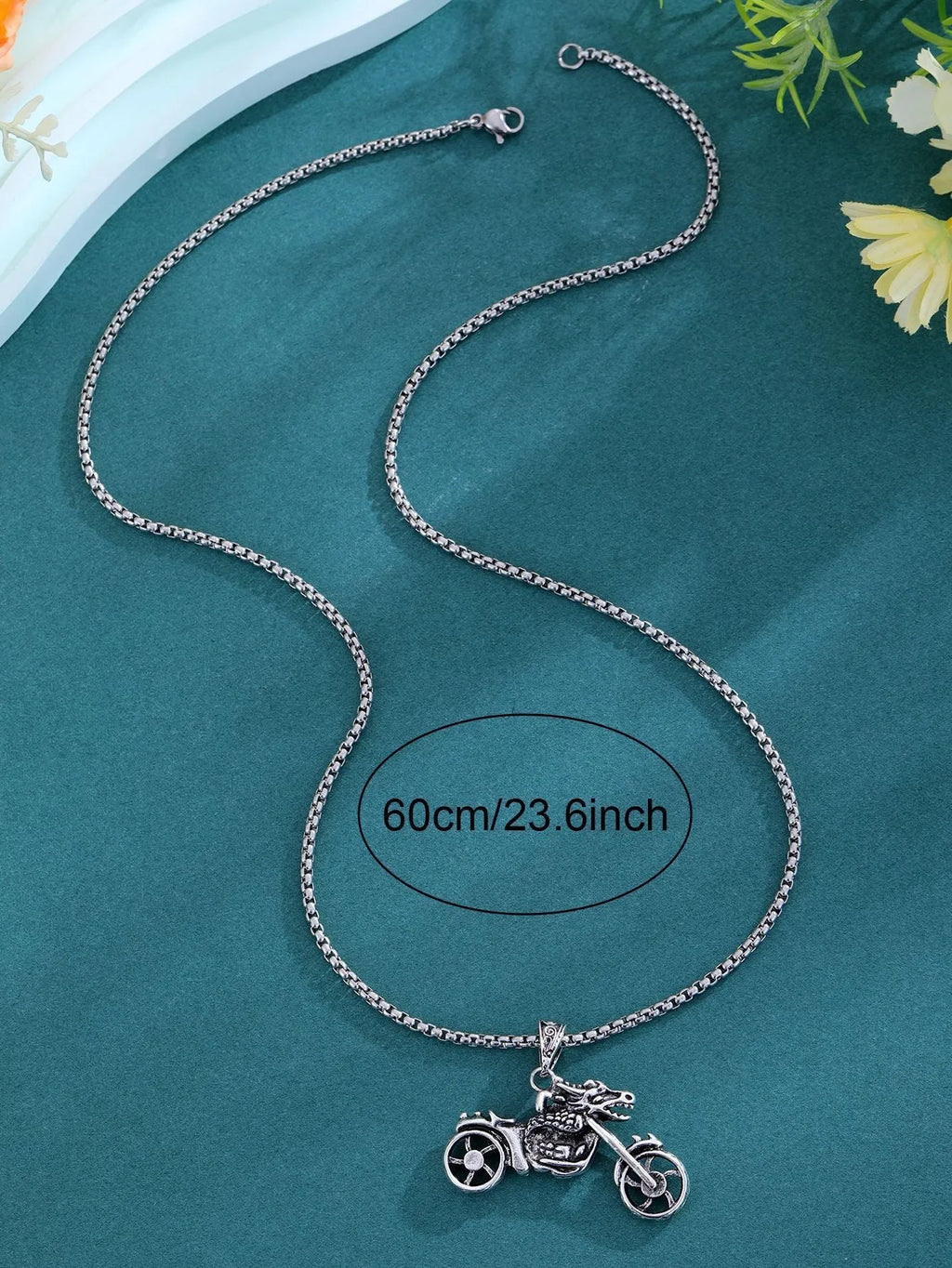 Men's punk necklace with silver alloy motorcycle pendant, biker style jewellery.