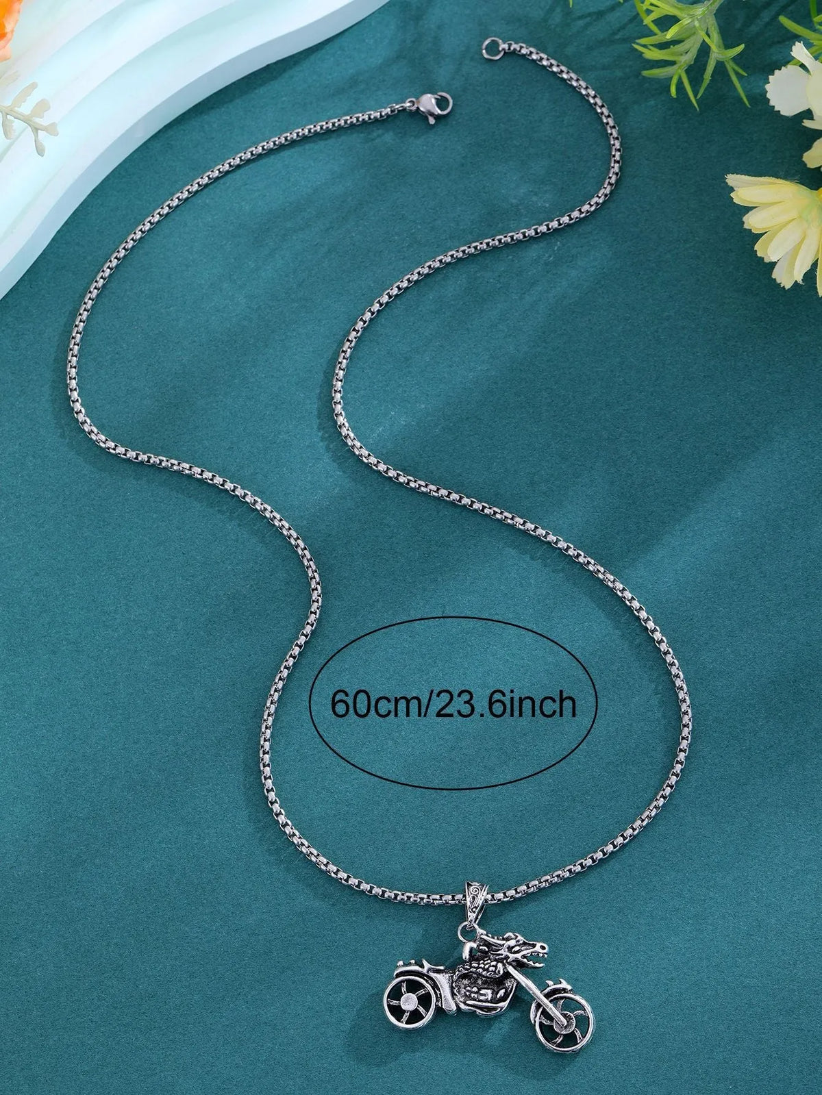 Men's punk necklace with silver alloy motorcycle pendant, biker style jewellery.