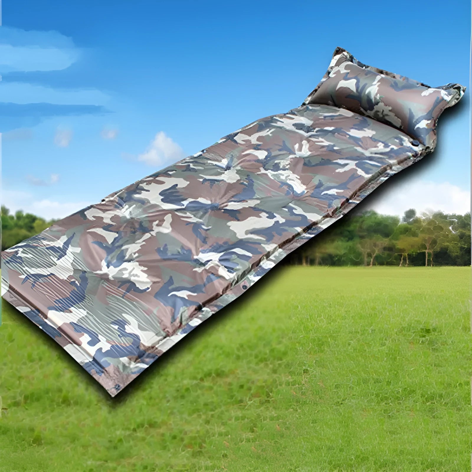 Camo auto inflatable cushion with pillow for camping in digital camo pattern
