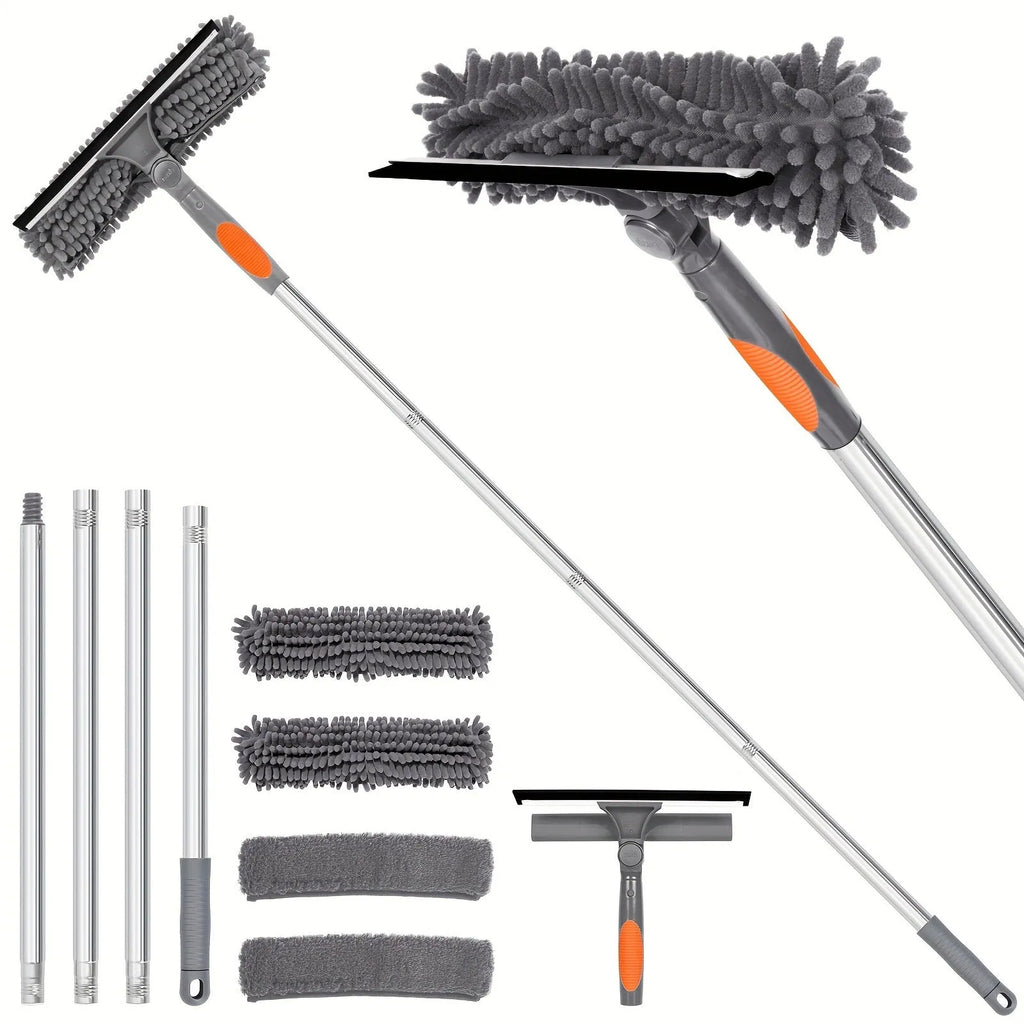 Two-in-one glass squeegee and wiper set with stainless steel poles and rotating head in blue, orange, and gray
