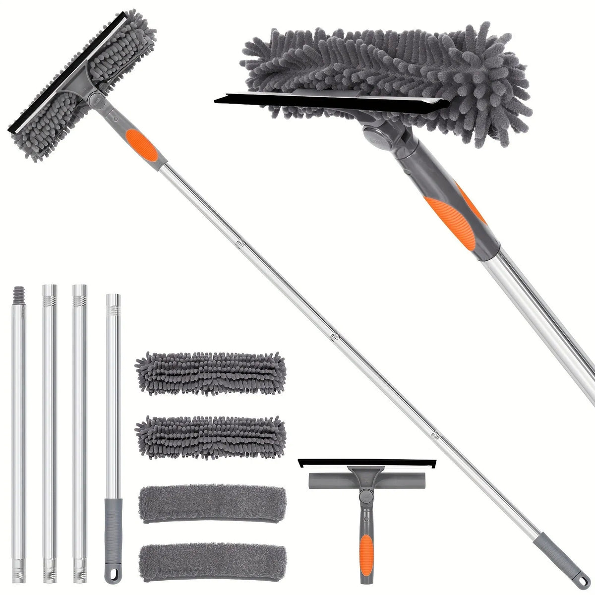 Two-in-one glass squeegee and wiper set with stainless steel poles and rotating head in blue, orange, and gray