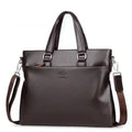 Men's black and brown PU leather messenger bag with splicing design and crossbody strap