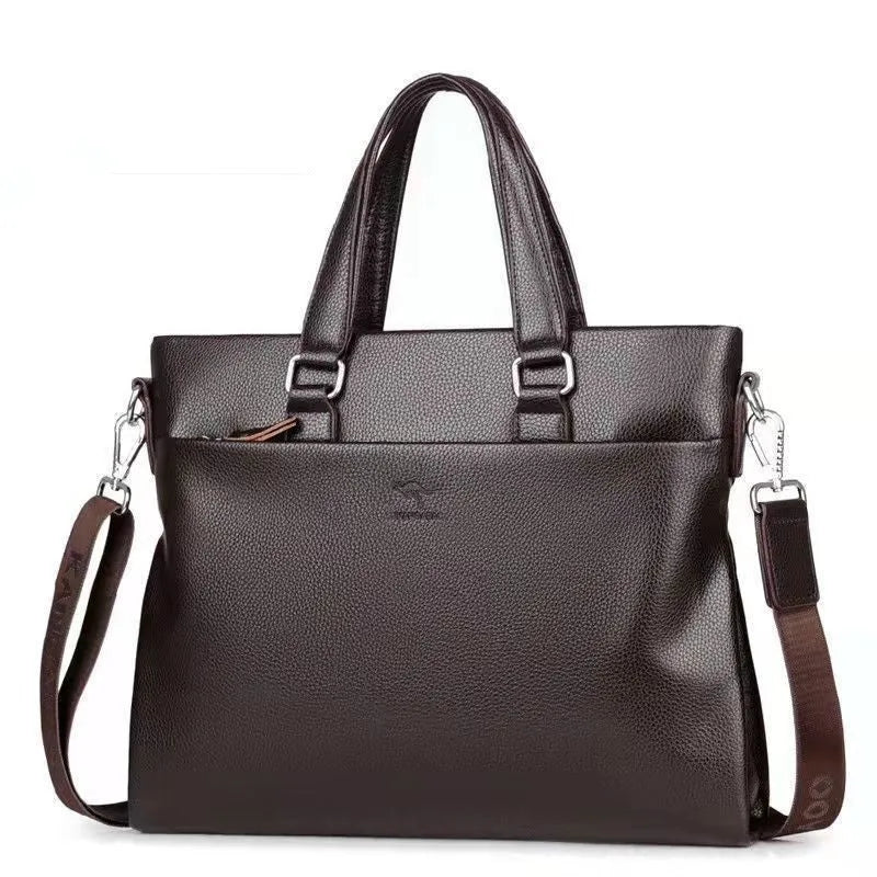 Men's black and brown PU leather messenger bag with splicing design and crossbody strap