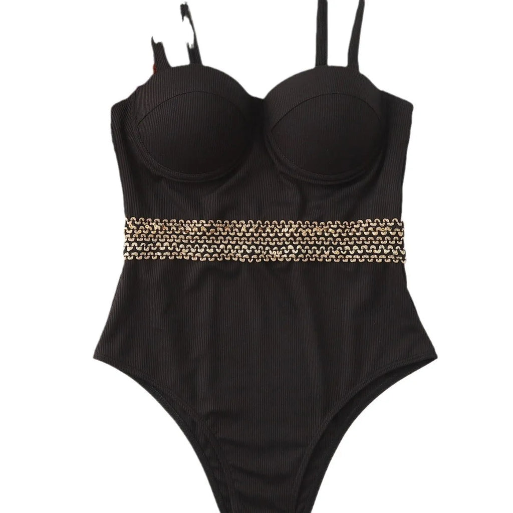 Black one-piece women's swimsuit with adjustable shoulder straps