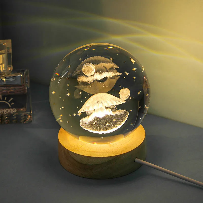 Transparent crystal ball night lamp with 3D carved jellyfish design, showing 6cm size on round base.