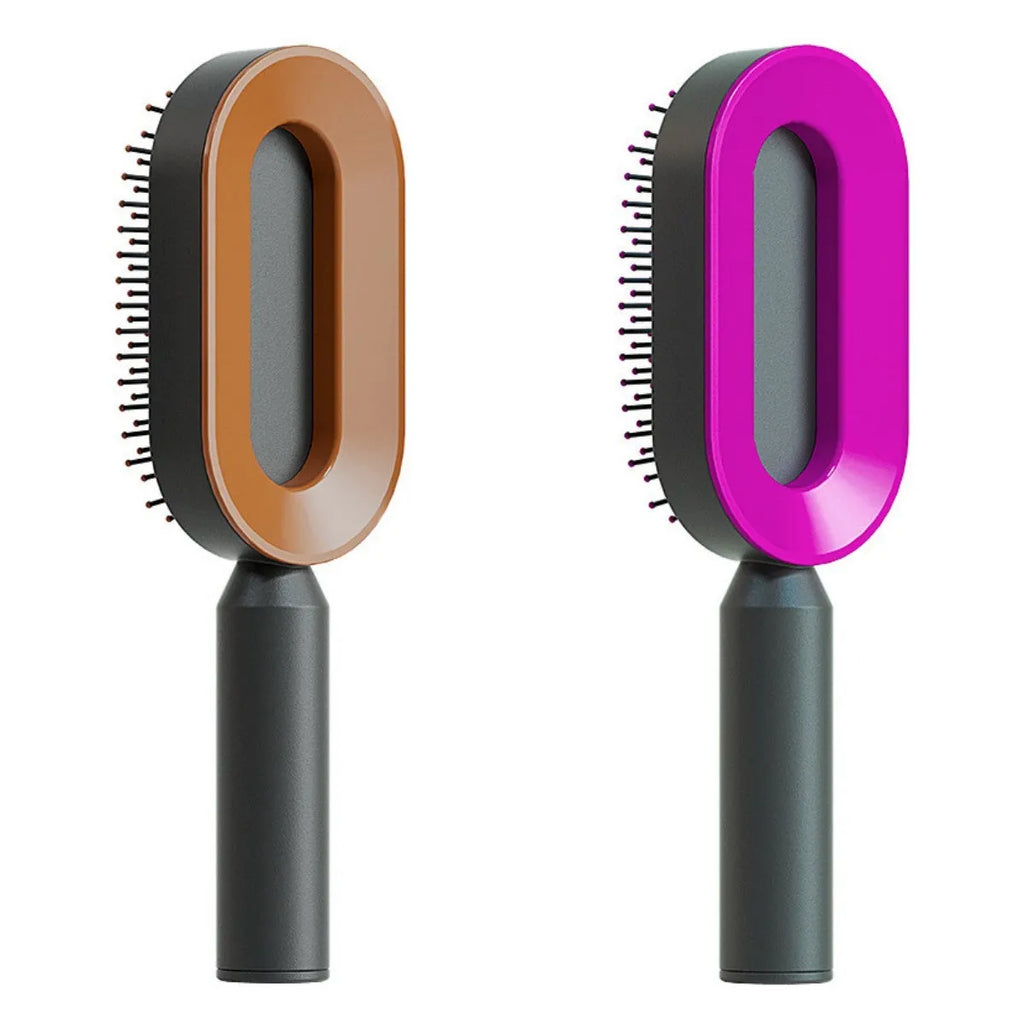 Self-cleaning air cushion hair brush in white, black gold, or black purple with ergonomic handle
