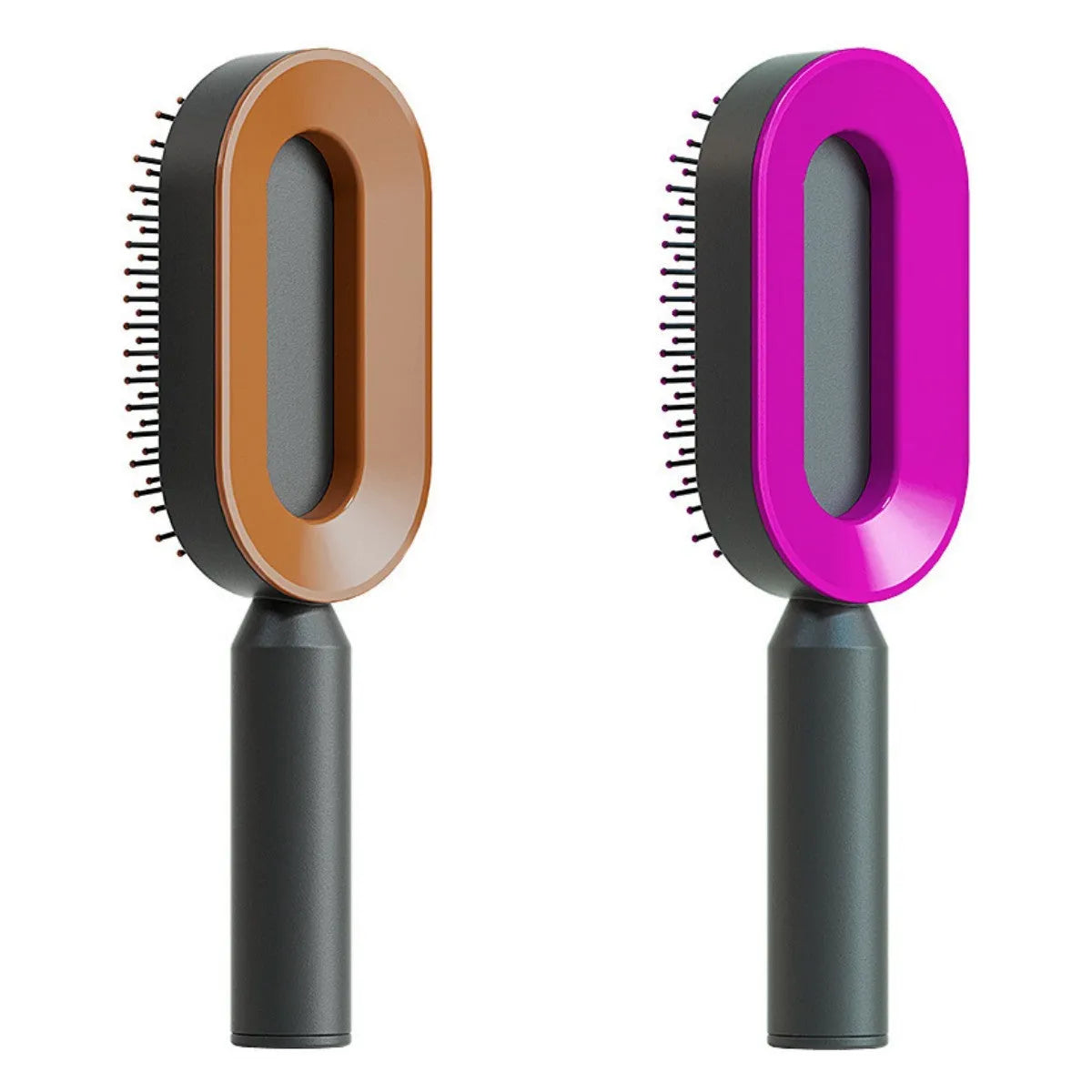 Self-cleaning air cushion hair brush in white, black gold, or black purple with ergonomic handle