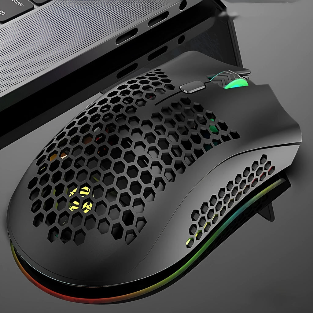Hollow out design wireless mouse with luminous charging feature in cyan colour showing compact dimensions