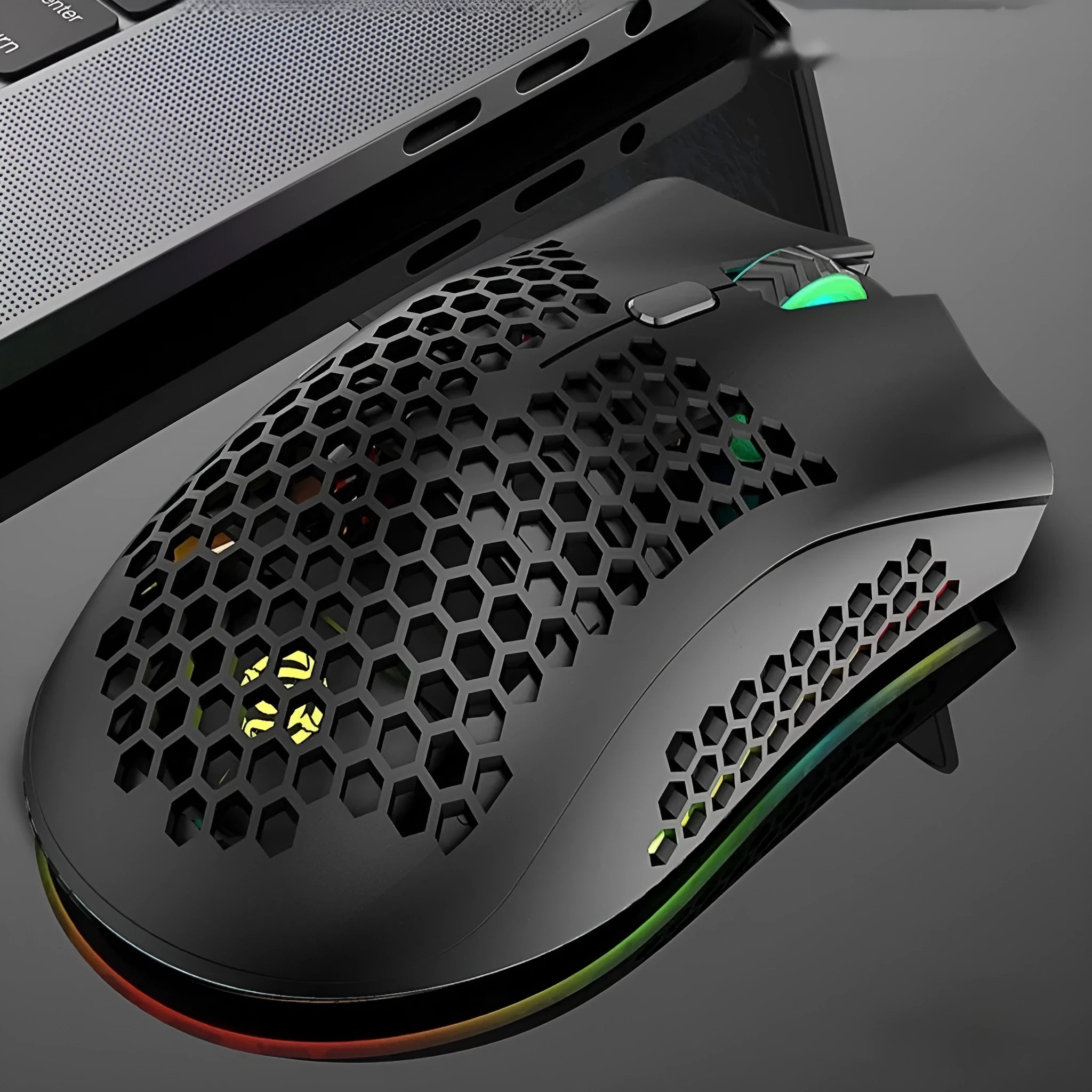 Hollow out design wireless mouse with luminous charging feature in cyan colour showing compact dimensions