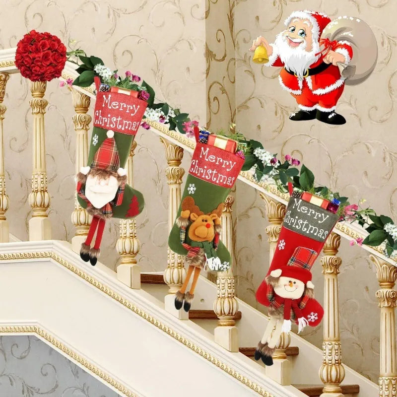 Three large Christmas stockings with Santa Snowman Reindeer 3D plush designs for holiday tree decoration