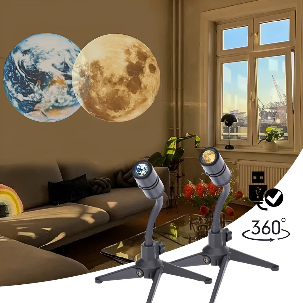 Earth and Moon star projection lamp with adjustable hose bracket showing both celestial projection effects