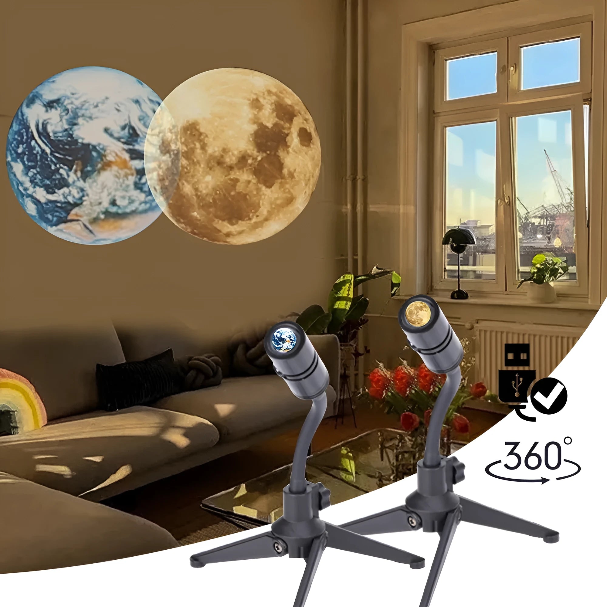 Earth and Moon star projection lamp with adjustable hose bracket showing both celestial projection effects