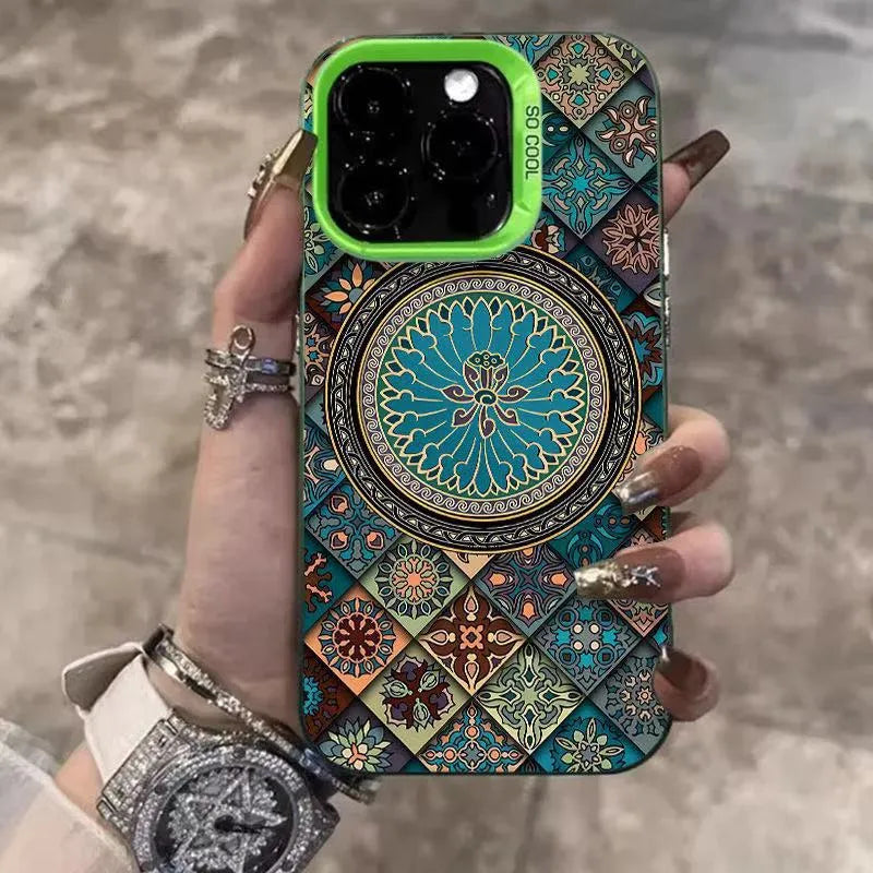 Ethnic style patterned hard PC phone case for iPhone in black, dark green, silver, and deep purple with matte anti-slip finish.