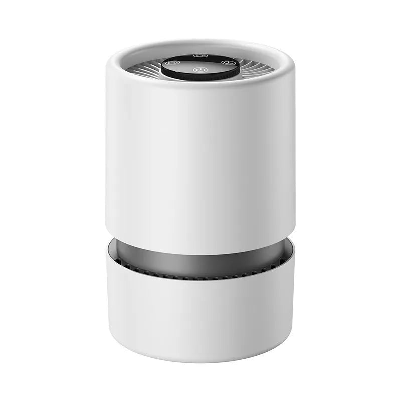 White desktop air purifier for small rooms with USB power connection