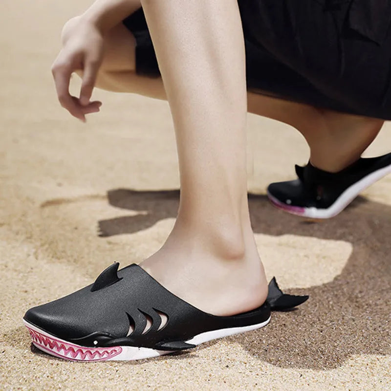 Shark slippers PVC flat slippers for women and men closed-toe design available in black blue green grey