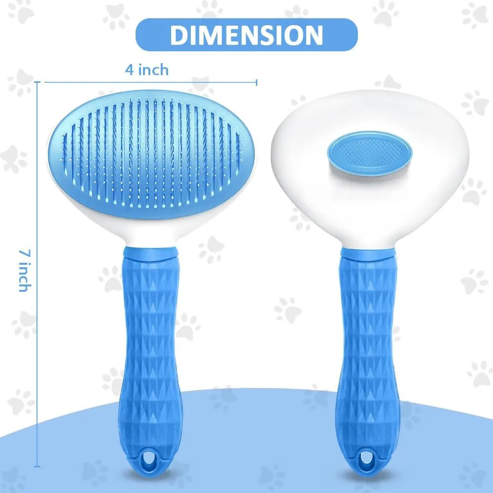Blue, grey, and pink cat grooming brush with a release button for removing pet hair.