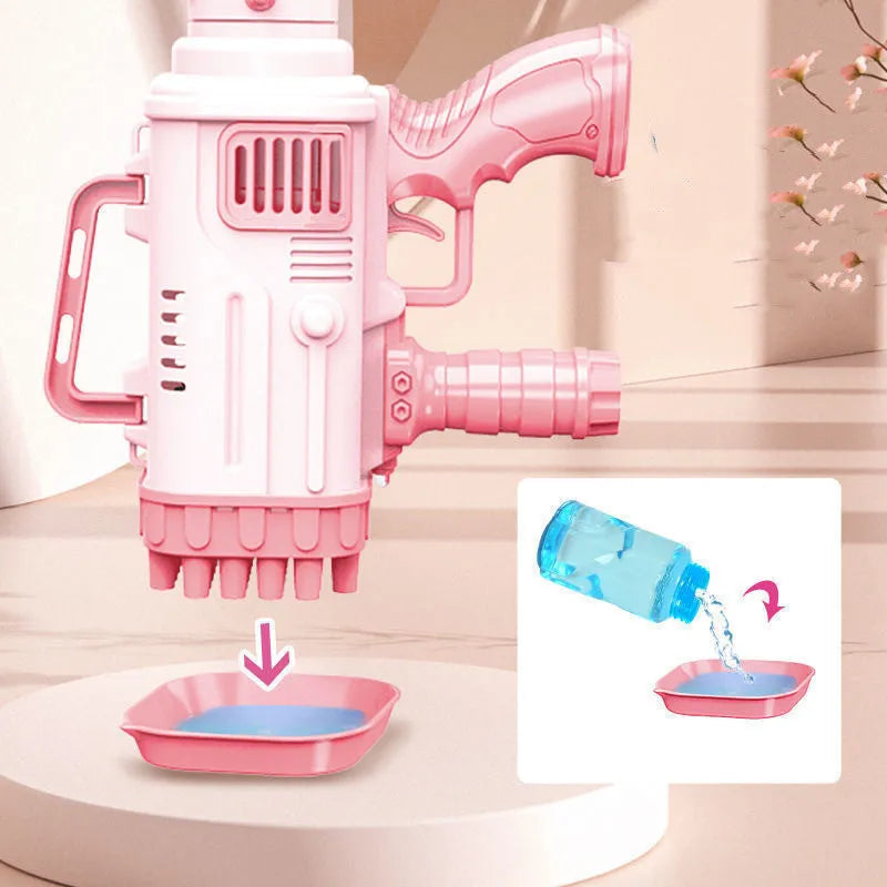 32-hole electric bazooka-style bubble gun toy in cherry pink colour with colourful lights illuminated.