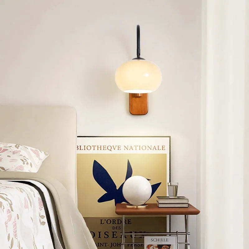 32cm milky white glass wall LED lamp with walnut or log colour iron body, 220V bedside wall light