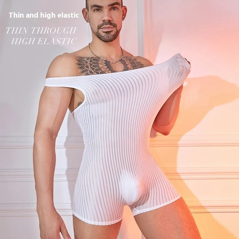 Men's striped nylon jumpsuit in black, white or dark grey with vertical pattern