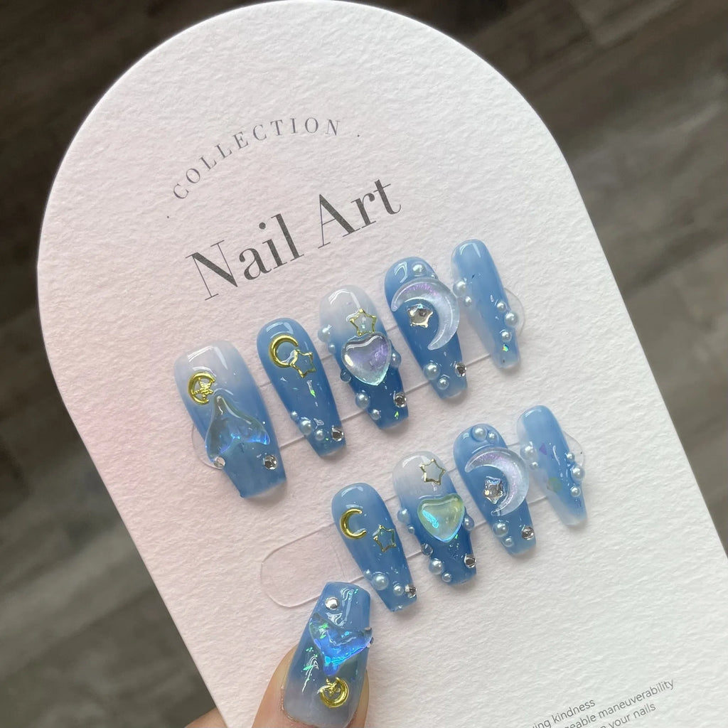 Handmade wear armour blue ice transparent three-dimensional love nail set with bow leopard print for ladies in XS S M L