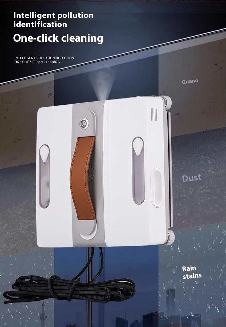 White intelligent window cleaning robot for automated high-rise window washing.
