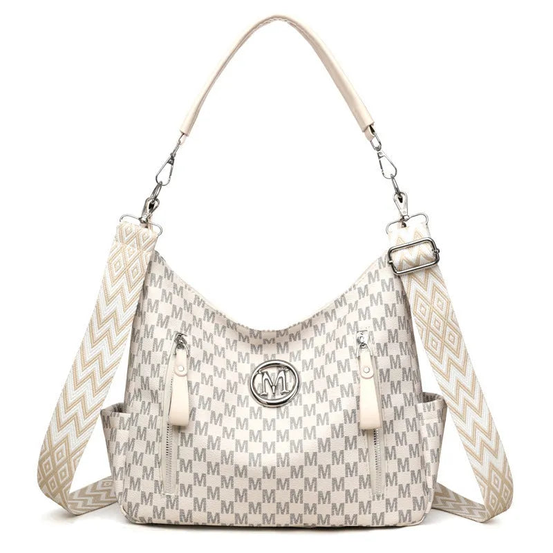 Retro printed shoulder messenger bag with double straps and sandwich pocket in milky white colour